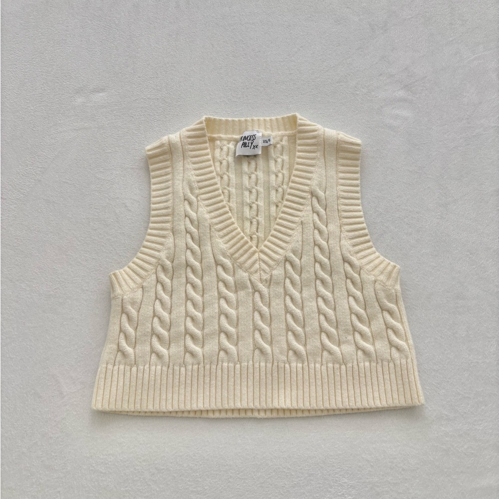 Princess Polly Elegant Cream V-Neck Cable Knit Sweater Vest